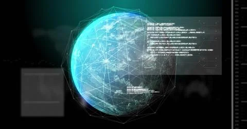 Floating 3D globe pulsing with wireframe nodes in dashboard interface, with code Stock Illustration