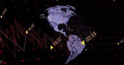 Floating 3D globe rotating over grid, with red-yellow waveforms, triangular 스톡 사진