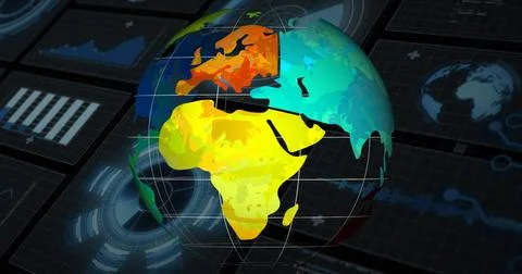 Floating 3D globe with white grid lines rotating over digital analytics Fotos de archivo