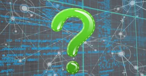 Floating 3D green question mark hovering over digital interface with code, ne Stock Photos