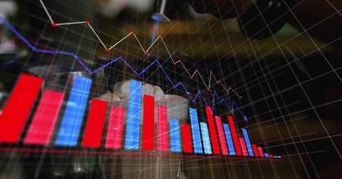 Floating 3D grid overlay with bars and line plots above iced drinks on wooden Fotos Stock