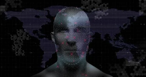 Floating 3D head projecting world map, hexagonal grid and glowing red data 写真素材