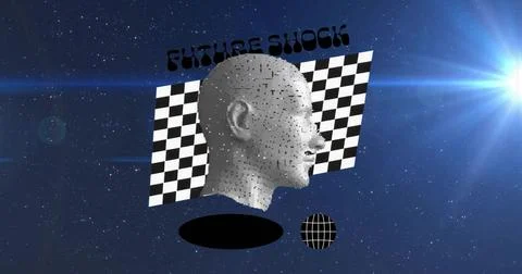 Floating 3D head in space with checkerboard panel, FUTURE SHOCK text, black o Stock Illustration