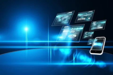 Floating 3D holographic interface cluster is hovering over platform with Stock Photos