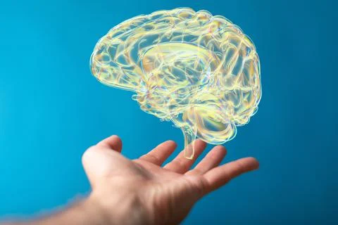 Floating 3D human brain icon above a hand - artificial intelligence concept Stock Photos