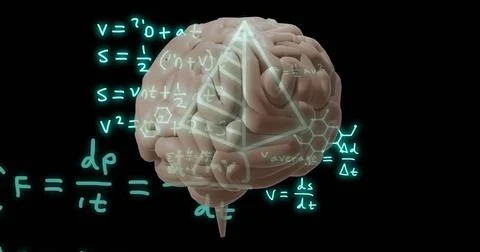 Floating 3D human brain model rotating in black void, emitting teal equations, Stock Photos