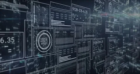 Floating 3D interface panels projecting readouts in depth, showing line charts Stock Footage 326409929