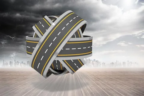 Floating 3D interlaced highway knot hovering above wooden deck, showing storm Ilustração Stock