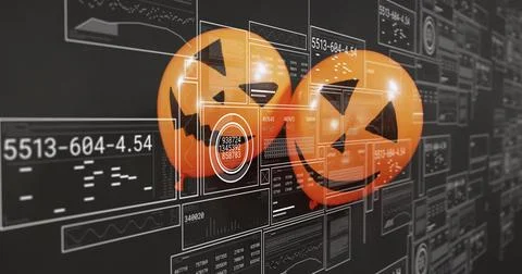 Floating 3D jack-o'-lantern spheres hovering over virtual dashboard, with HUD Stock Photos