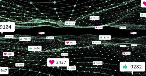 Floating 3D mesh, sitting in dark void, displaying heart 2437 and thumbs-up 9282 イラスト素材