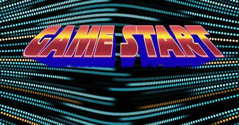 Floating 3D neon GAME START text hovering over wave grid in futuristic display, Stock Illustration