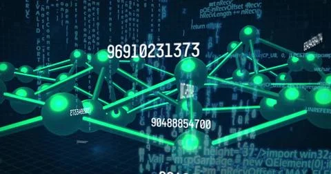 Floating 3D network graph spanning grid floor in cyberspace, with glowing green Illustrazione stock