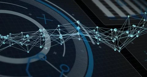 Floating 3D network spanning center over dark grid, linking glowing nodes with 스톡 일러스트