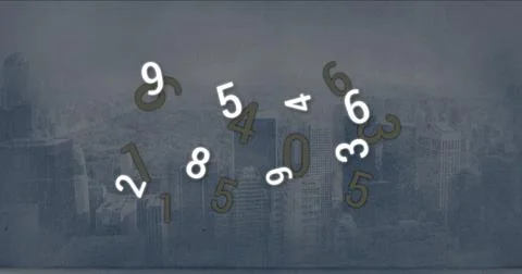 Floating 3D numerals glowing white and olive-green hovering over rooftop skyline Stock Photos