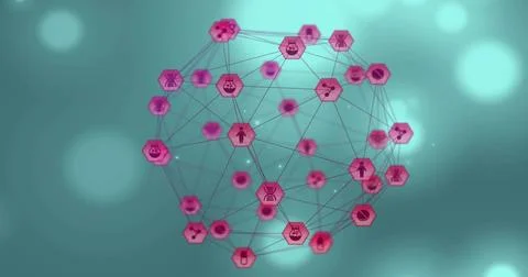 Floating 3D orb network rotating in teal aqua gradient, with magenta hex nodes Stockillustratie