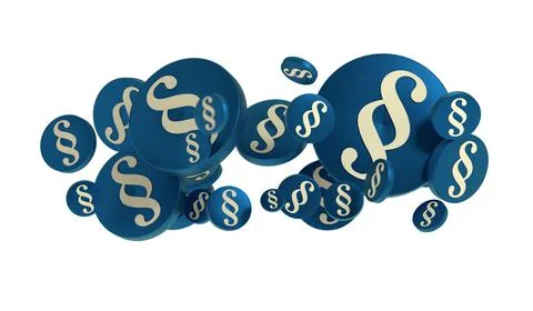 Floating 3D paragraph of blue law and justice signs isolated on white background Stock Illustration