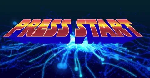 Floating 3D PRESS START text hovering above cyber grid, revealing nodes and 스톡 일러스트