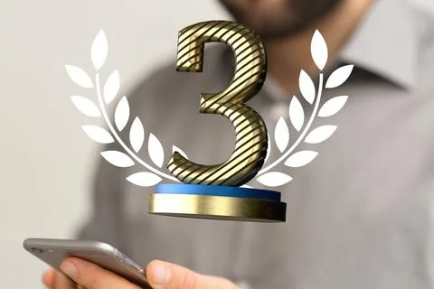 Floating 3D render of a third place trophy 스톡 사진