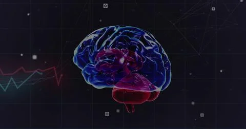 Floating 3D-rendered brain model glowing over grid background, with data nodes Stock Illustration