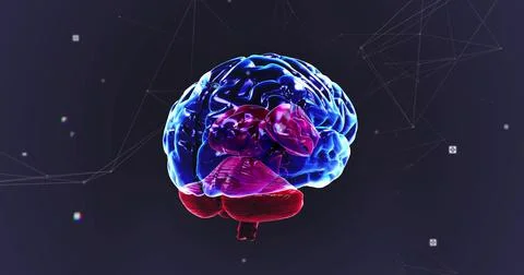 Floating 3D-rendered brain model glowing in dark violet digital environment, Stock Illustration