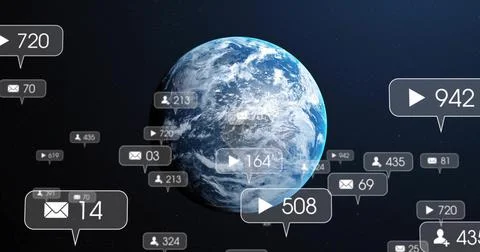 Floating 3D-rendered Earth globe rotating in deep space, with play envelope and Illustrazione stock