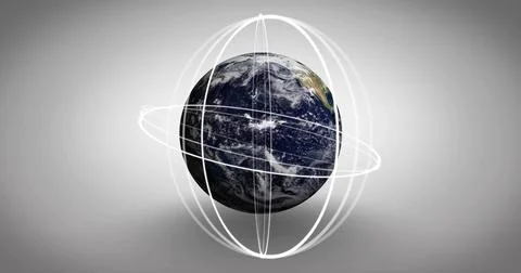 Floating 3D-rendered Earth globe above gray backdrop, showing orbital rings and Stock Illustration