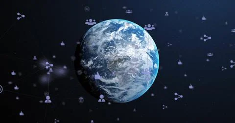 Floating 3D rendered Earth globe within dark space, with social icons connected Fotos de archivo