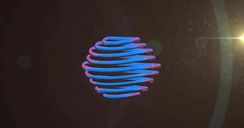 Floating 3D ribbon sphere rotating in digital studio void, with lens flare and Stock Illustration