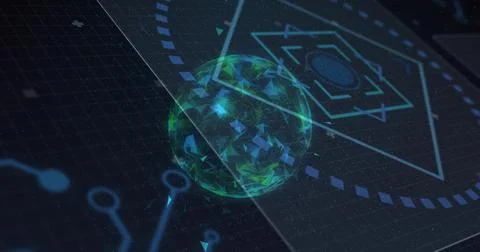 Floating 3D sphere with triangular facets over digital circuit plane emitting Illustrazione stock