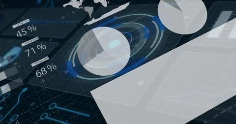 Floating 3D spherical chart rotating on virtual dashboard with concentric rings Illustrazione stock