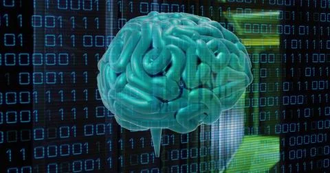 Floating 3D teal brain model hovering over virtual data backdrop, showing binary 스톡 사진