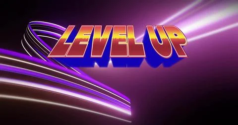 Floating 3D text LEVEL UP in digital neon environment, with curved light ribb Stock Illustration