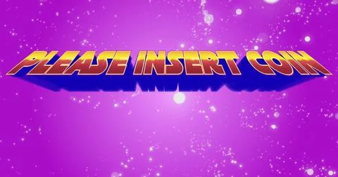 Floating 3D text reading PLEASE INSERT COIN on arcade style screen, with glowing Stock Illustration