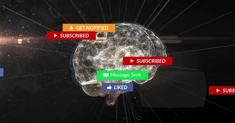 Floating 3D translucent brain mesh pulsing in dark virtual space, with Stock Photos