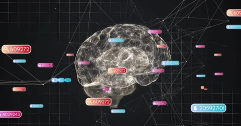 Floating 3D translucent wireframe brain model pulsing with glowing nodes on Stock Photos