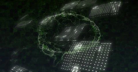 Floating 3D wireframe brain drifting among translucent panels in virtual space, 스톡 일러스트