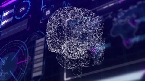 Floating 3D wireframe brain network drifting across dashboard, displaying Video stock 308676565