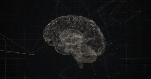 Floating 3D wireframe brain pulsing in virtual space, with grid overlay showing Stock Illustration