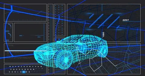 Floating 3D wireframe car model hovering in virtual interface, with numeric Illustrazione stock