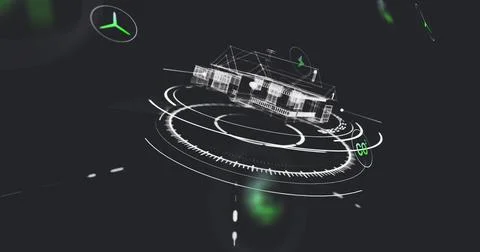 Floating 3D wireframe house model rotating in dark HUD, with neon-green icons Stock Photos