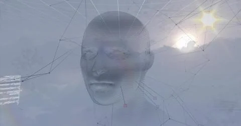 Floating 3D wireframe human head hovering in digital abstract sky, with nodes, Stock Illustration