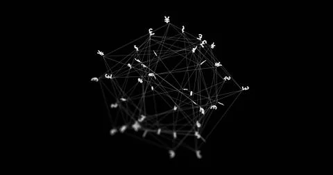 Floating 3D wireframe network rotating and tilting in black void, with currency Foto stock
