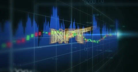 Floating 3D wireframe NFT hovering above trading HUD, displaying red or green Illustrazione stock