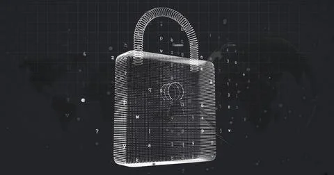 Floating 3D wireframe padlock in virtual grid, with drifting symbols, world map 스톡 일러스트