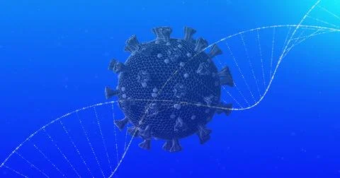 Floating 3D wireframe virus model hovering before blue backdrop, with dotted DNA Stock Illustration
