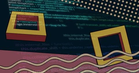 Floating 3D yellow frames above navy digital canvas, with teal code, pink Stock Illustration