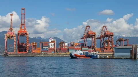Floating 4K+ Hyperlapse / Timelapse Of Cargo Being Loaded At Port Of Vancouver Stock Footage 76540327