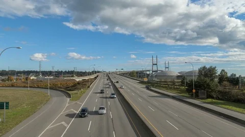 Floating 4K+ Hyperlapse / Timelapse over Highway 1 near Alex Fraser bridge Stock Footage 76439728