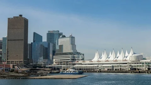 Floating 4K+ Hyperlapse / Timelapse of Seabus and Canada Place in Vancouver BC Stock Footage 76540134