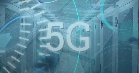 Floating 5G text hovering above grated floor in data center corridor, with Stock Photos